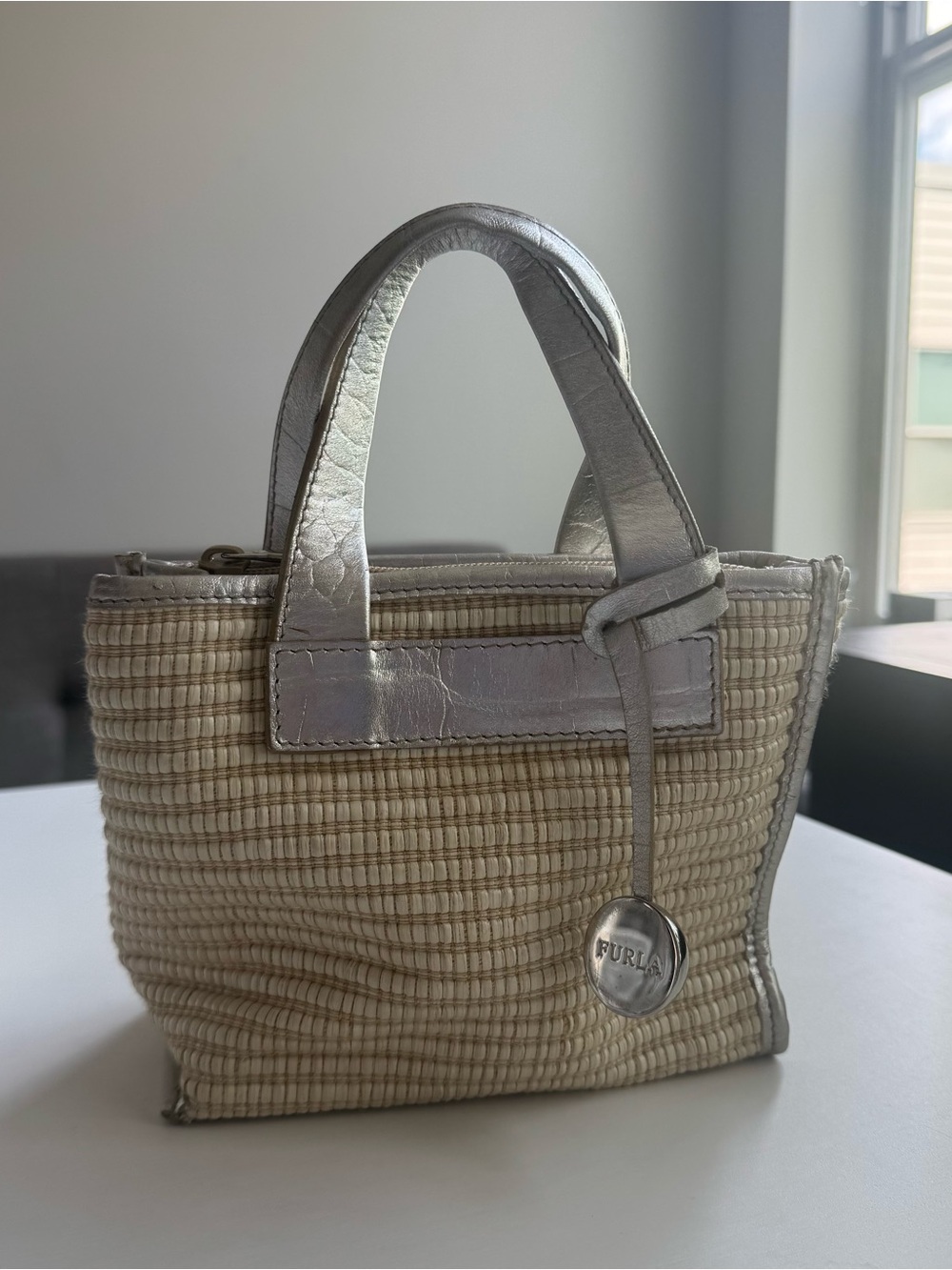Vintage Furla Metallic Straw Mini Tote Bag Silver Woven Summer Y2K 2008